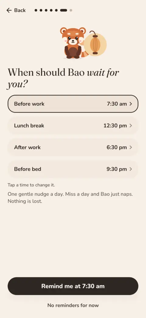 Reminder time picker: When should Bao wait for you?